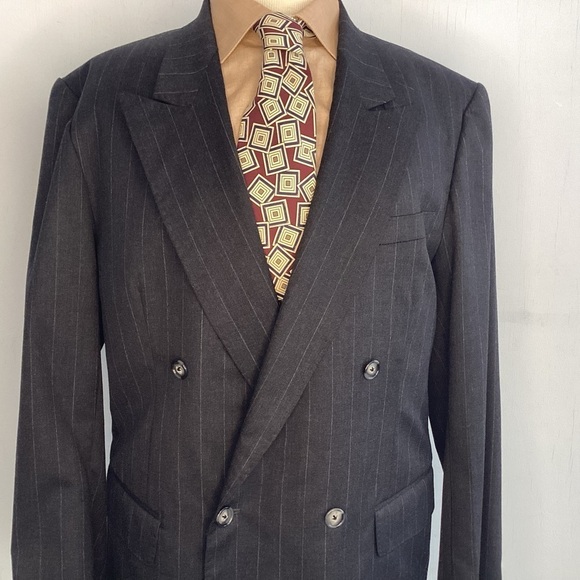 Double Breasted Peak Collar Charcoal/ Blue Bespoke Pinstripe Suit Coat 42 Reg - Picture 3 of 12